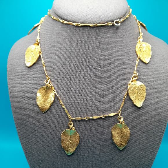 Vintage Dangling Leaves Long Chain Necklace, 29", 1960s Jewelry - Picture 1 of 15
